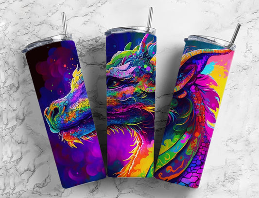 Colorful dragon 20oz Sublimation Tumbler Designs, paint splatter 9.2 x 8.3” Straight Skinny Tumbler Wrap PNG