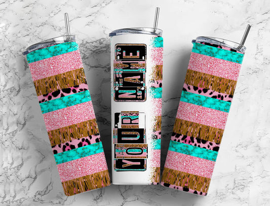 Striped glitter Number Plate 20 oz Tumbler with Matching Alphabet PNG, Pink leopard print Alphabet PNG Digital Download