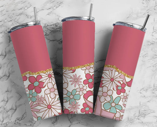 Retro Flower 20oz Sublimation Tumbler Designs, AestheticFloral 9.2 x 8.3” Straight Skinny Tumbler Wrap PNG, Gold Agate 55