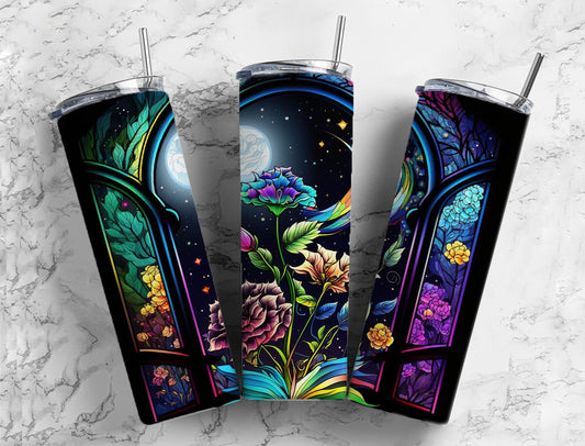 Stained glass floral 20oz Sublimation Tumbler Designs, Rainbow neon 9.2 x 8.3” Straight Skinny Tumbler Wrap