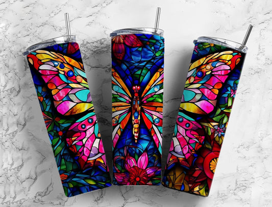 Butterfly floral 20oz Sublimation Tumbler Designs, Stained glass 9.2 x 8.3” Straight Skinny Tumbler Wrap PNG