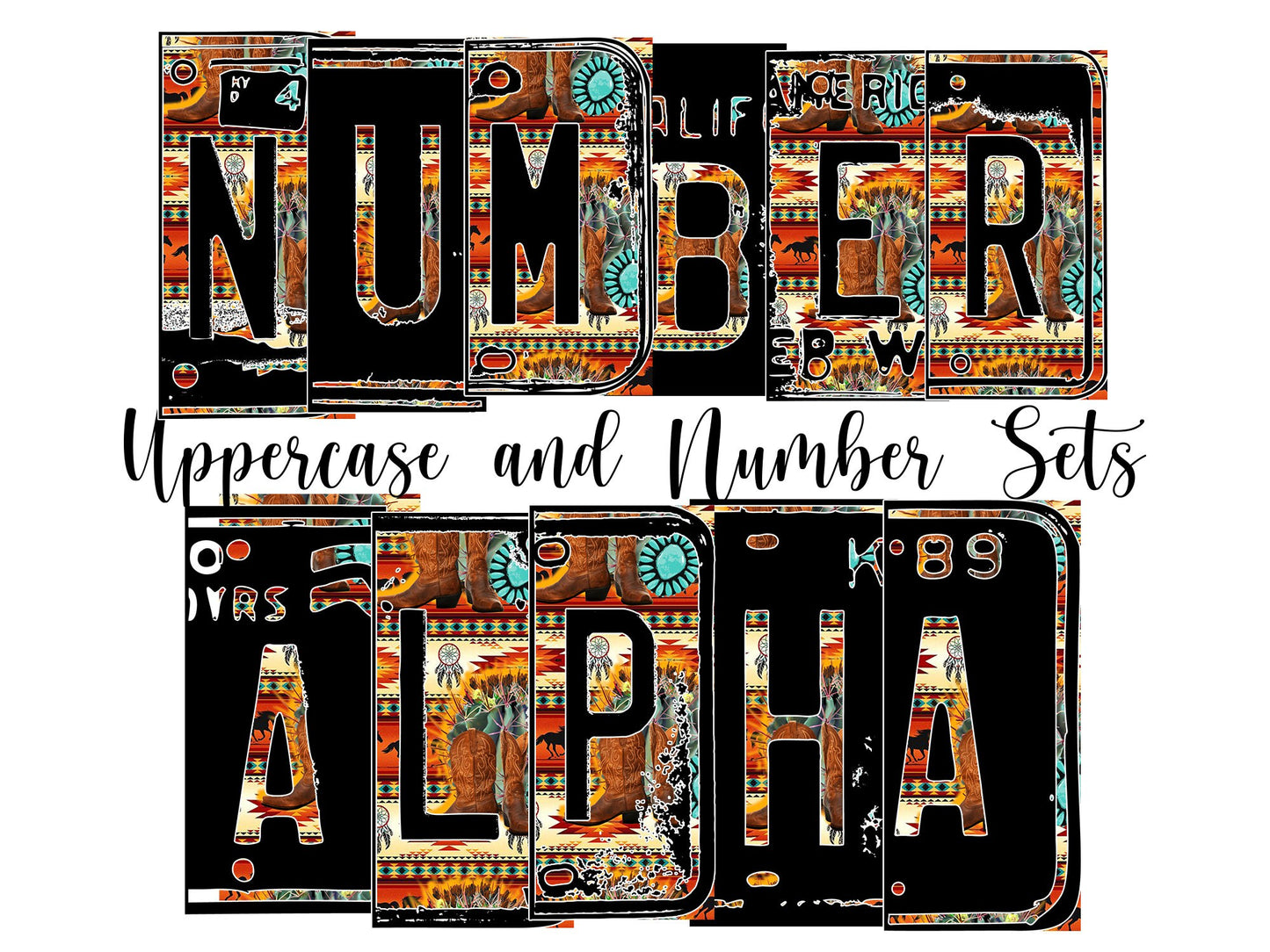 Cowboy Boots Number Plate Alphabet Uppercase Numbers PNG, Gemstone Serape Alphabet PNG Digital Download