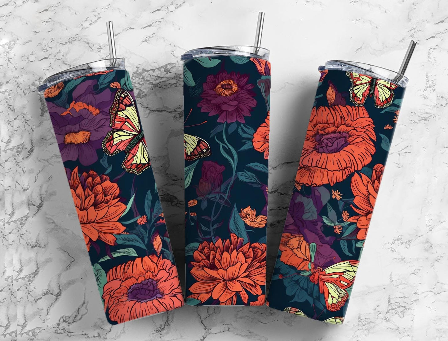 Butterfly floral 20oz Sublimation Tumbler Designs, Orange botanical 9.2 x 8.3” Straight Skinny Tumbler Wrap PNG