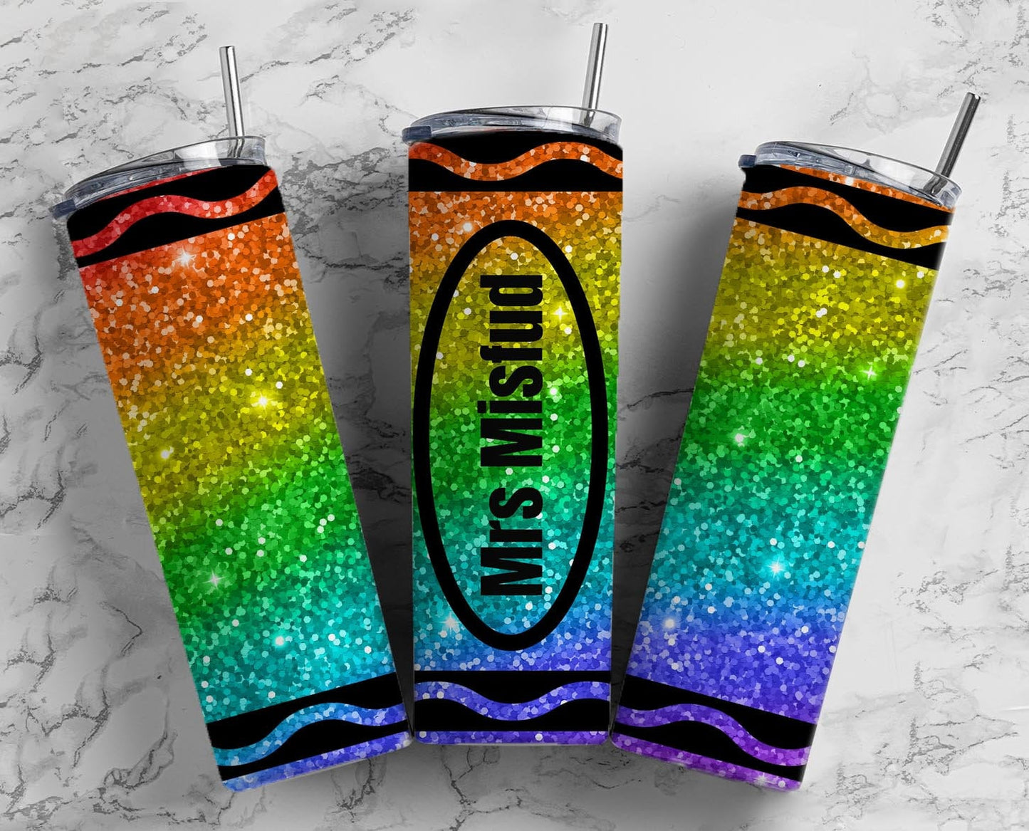 Rainbow Glitter Crayon 20oz Sublimation Tumbler Designs, Add name Teacher Gift 9.2 x 8.3” Straight Skinny Tumbler Wrap PNG 92