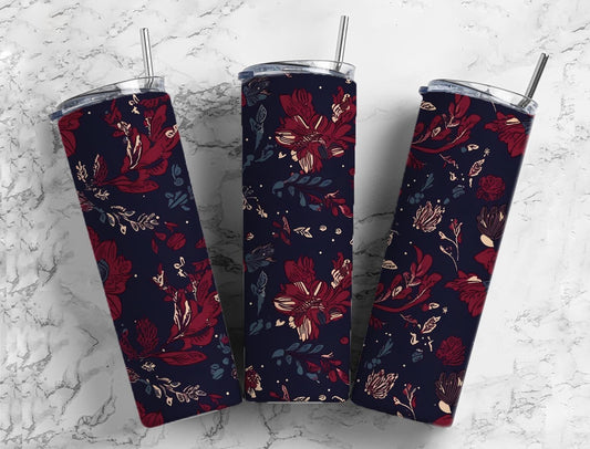 Red and navy floral 20oz Sublimation Tumbler Designs, Botanical 9.2 x 8.3” Straight Skinny Tumbler Wrap PNG