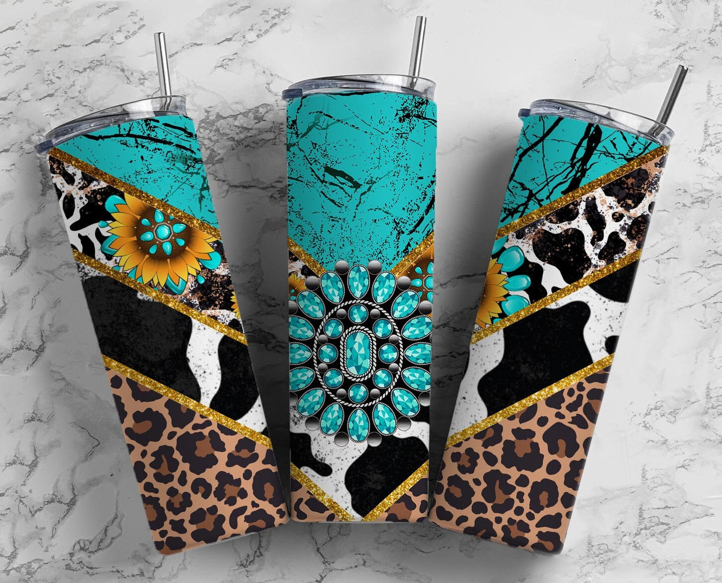 Turquoise Gem Stone Cow 20oz Sublimation Tumbler Designs, Country Western 9.2 x 8.3” Straight Skinny Tumbler Wrap PNG, Leopard Print PNG