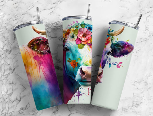 Alcohol ink cow 20oz Sublimation Tumbler Designs, Flower crown 9.2 x 8.3” Straight Skinny Tumbler Wrap PNG