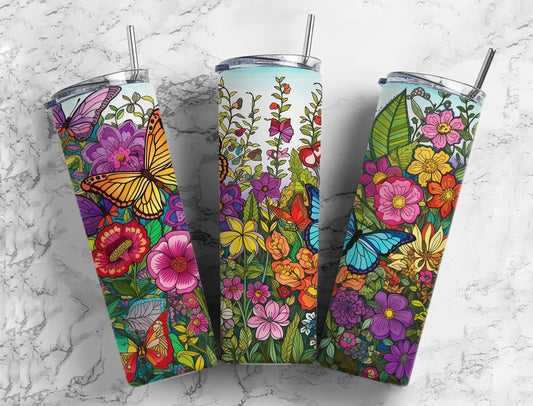 Butterfly garden 20oz Sublimation Tumbler Designs, Colorful floral 9.2 x 8.3” Straight Skinny Tumbler Wrap PNG