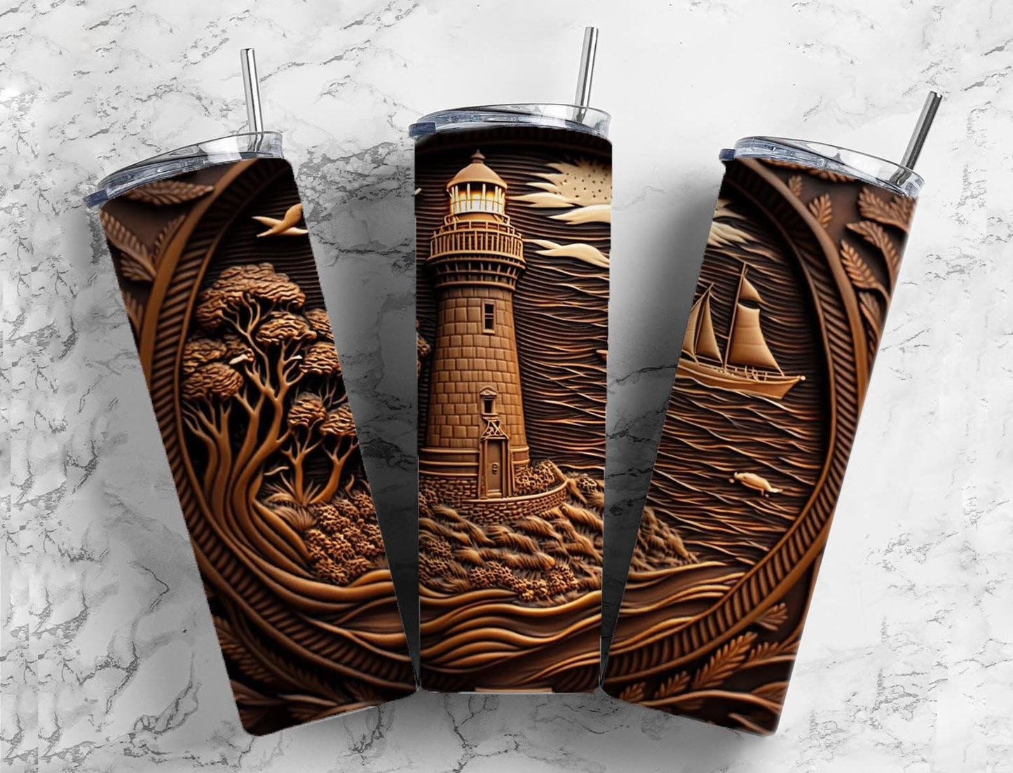 Tooled leather lighthouse 20oz Sublimation Tumbler Designs, Engraved leather 9.2 x 8.3” Straight Skinny Tumbler Wrap PNG