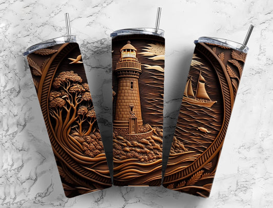 Tooled leather lighthouse 20oz Sublimation Tumbler Designs, Engraved leather 9.2 x 8.3” Straight Skinny Tumbler Wrap PNG