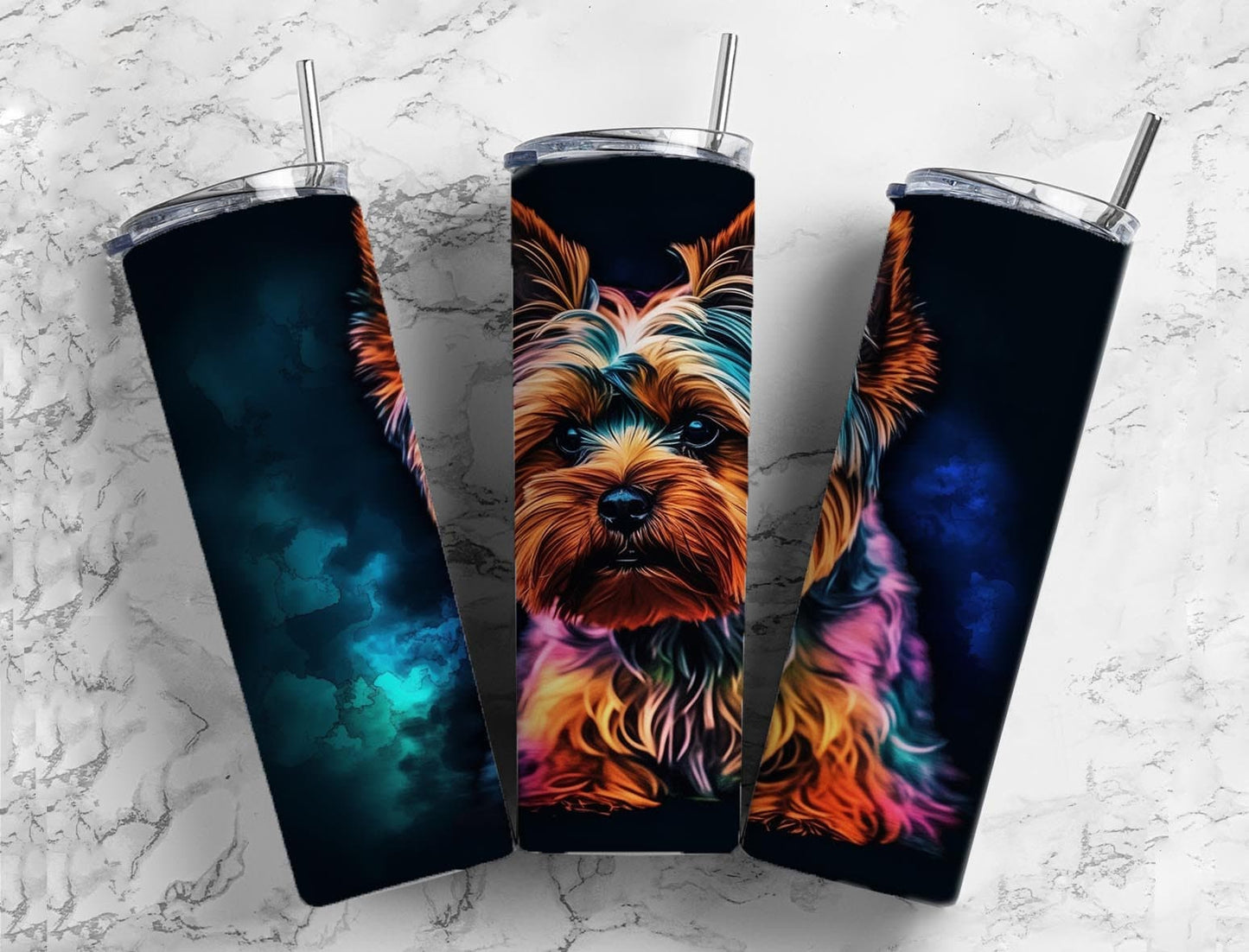 Yorkshire terrier 20oz Sublimation Tumbler Designs, Colorful neon 9.2 x 8.3” Straight Skinny Tumbler Wrap PNG