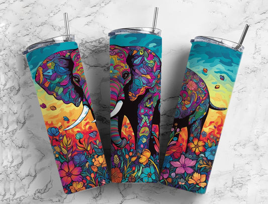 Rainbow elephant 20oz Sublimation Tumbler Designs, floral landscape 9.2 x 8.3” Straight Skinny Tumbler Wrap PNG