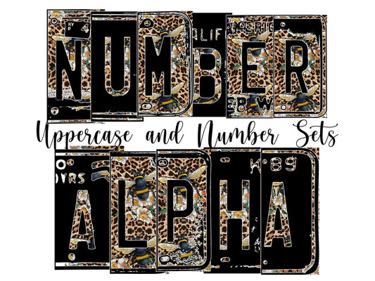 Bee Number Plate Alphabet Uppercase Numbers PNG, Leopard Print Alphabet PNG Digital Download