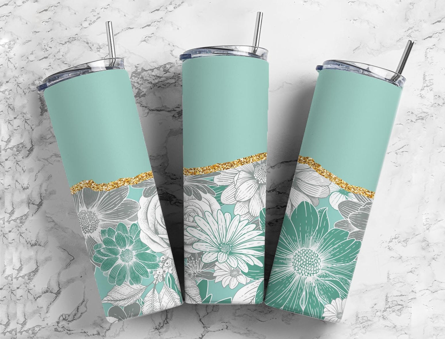 Aesthetic Florets 20oz Sublimation Tumbler Designs, Agate Glitter Teel 9.2 x 8.3” Straight Skinny Tumbler Wrap PNG