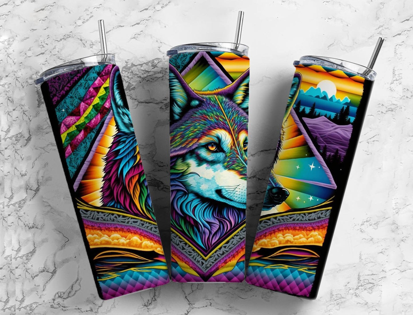 Abstract Wolf 20oz Sublimation Tumbler Designs, Dog Vibrant 9.2 x 8.3” Straight Skinny Tumbler, Tumbler Wrap PNG