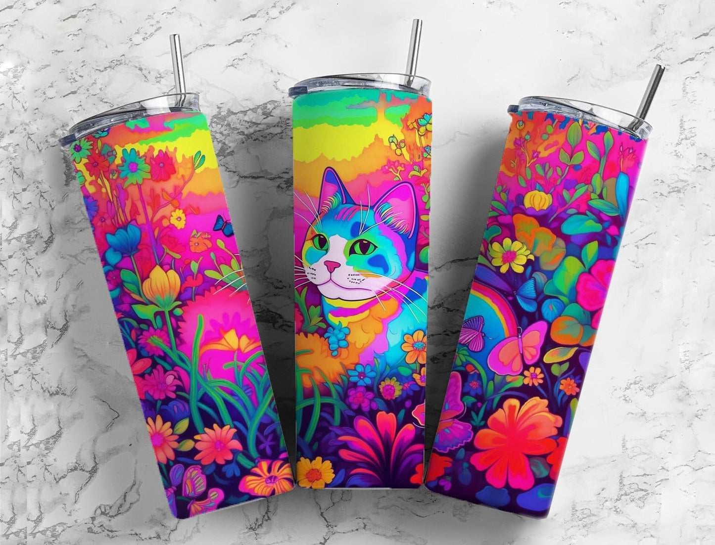 Rainbow cat 20oz Sublimation Tumbler Designs, Floral garden 9.2 x 8.3” Straight Skinny Tumbler Wrap PNG