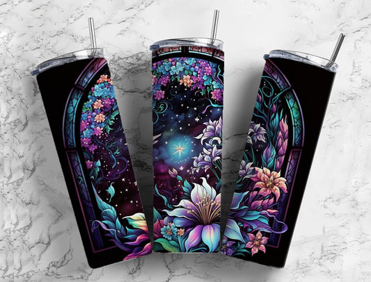 Floral stained glass 20oz Sublimation Tumbler Designs, Rainbow neon 9.2 x 8.3” Straight Skinny Tumbler Wrap