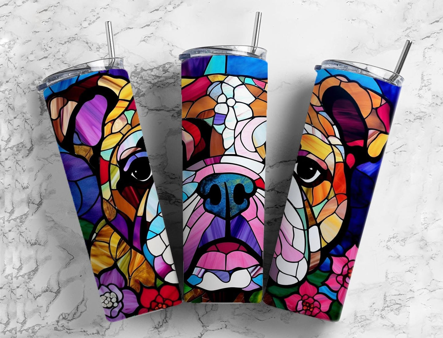 Bulldog 20oz Sublimation Tumbler Designs, Stained glass 9.2 x 8.3” Straight Skinny Tumbler Wrap PNG