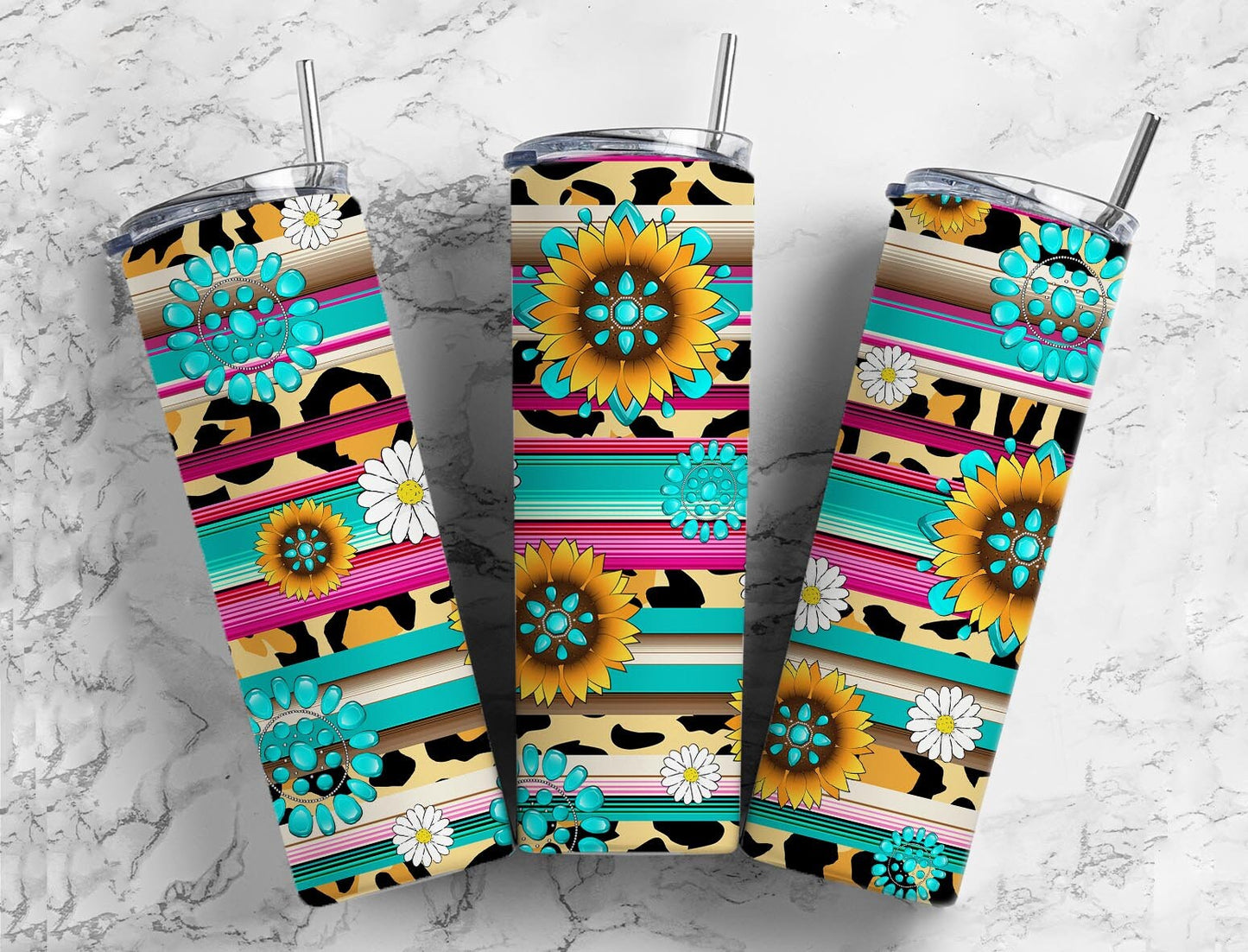 Turquoise Gem Serape 20oz Sublimation Tumbler Designs, Leopard Print Sunflower 9.2 x 8.3” Straight Skinny Tumbler, PNG 3