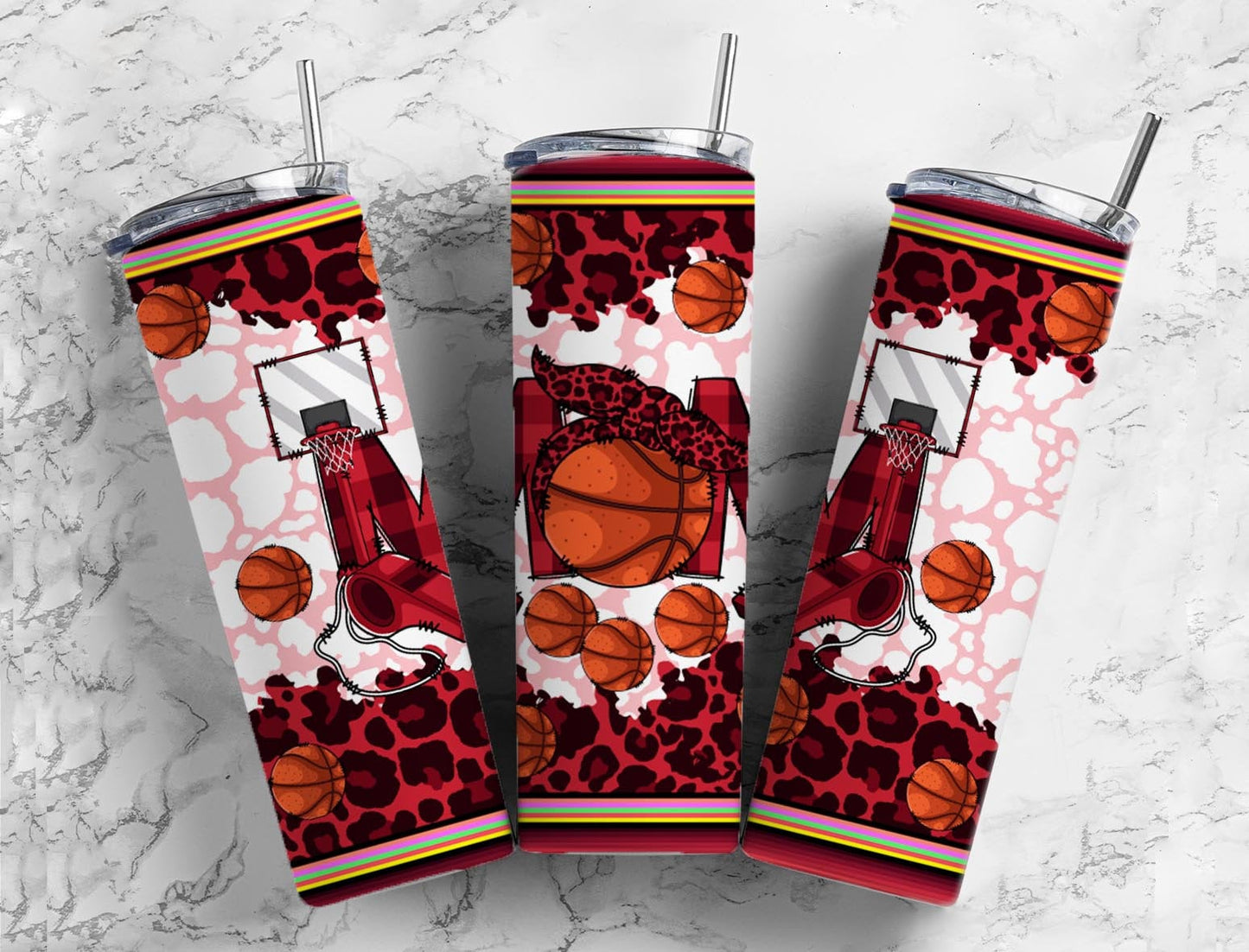 Basketball mom 20oz Sublimation Tumbler Designs, Red leopard print 9.2 x 8.3” Straight Skinny Tumbler Wrap PNG