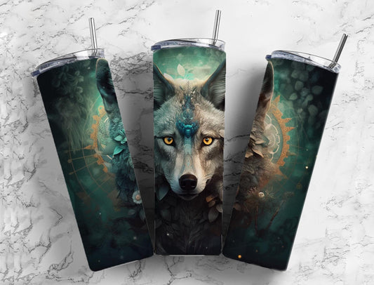 Wolf 20oz Sublimation Tumbler Designs, Dark forest 9.2 x 8.3” Straight Skinny Tumbler Wrap PNG