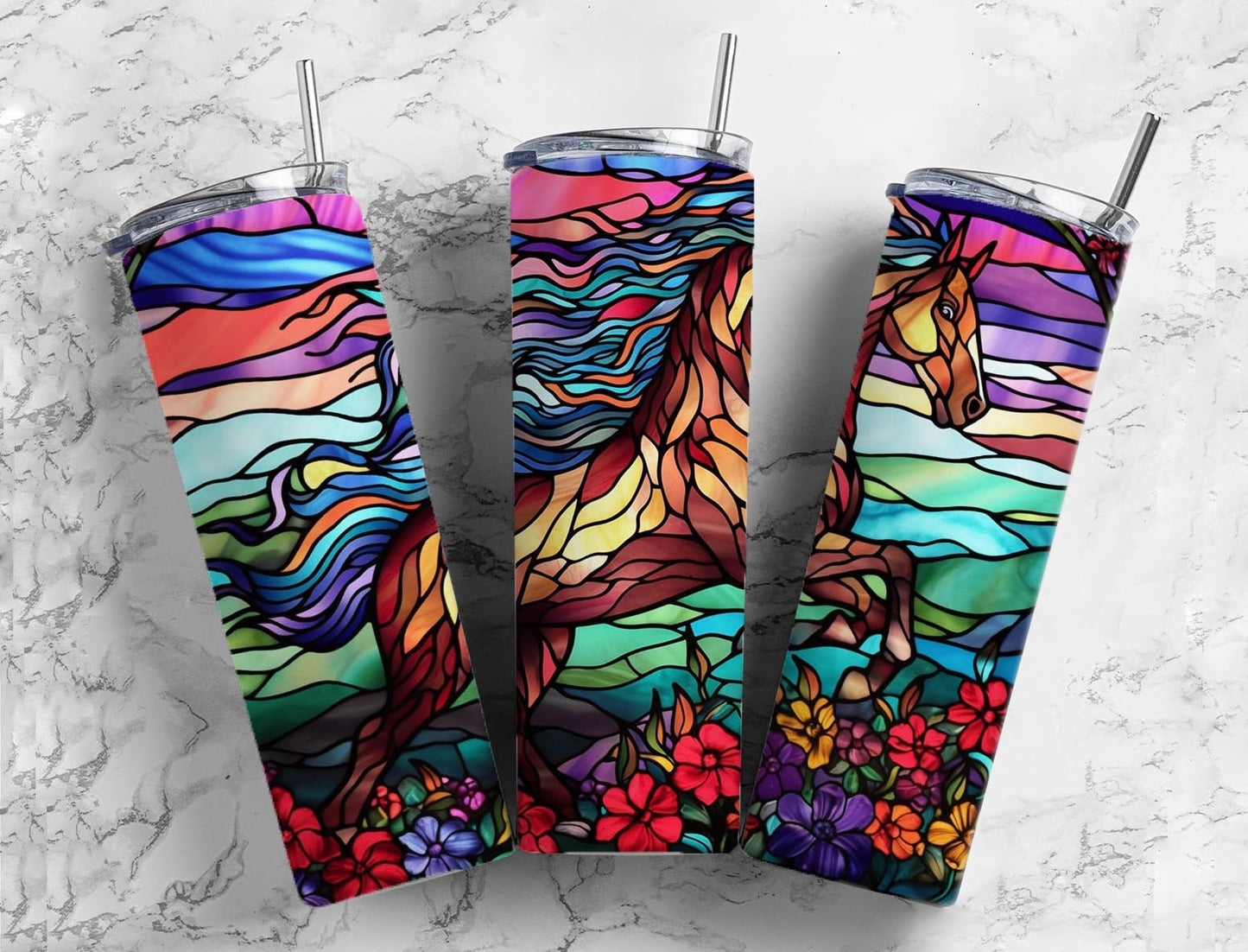 Horse floral 20oz Sublimation Tumbler Designs, Stained glass 9.2 x 8.3” Straight Skinny Tumbler Wrap PNG