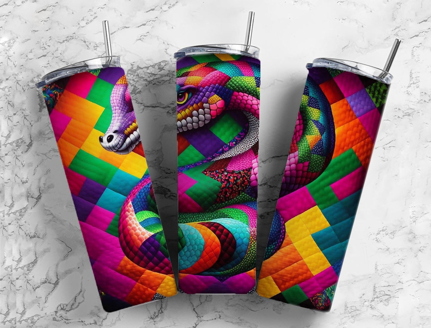 Snake 20oz Sublimation Tumbler Designs, Rainbow Patchwork Quilt 9.2 x 8.3” Straight Skinny Tumbler, Tumbler Wrap PNG