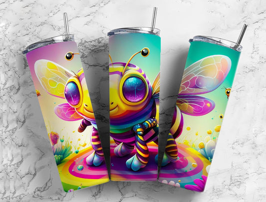 Cartoon bumblebee 20oz Sublimation Tumbler Designs, Rainbow colorful 9.2 x 8.3” Straight Skinny Tumbler Wrap PNG