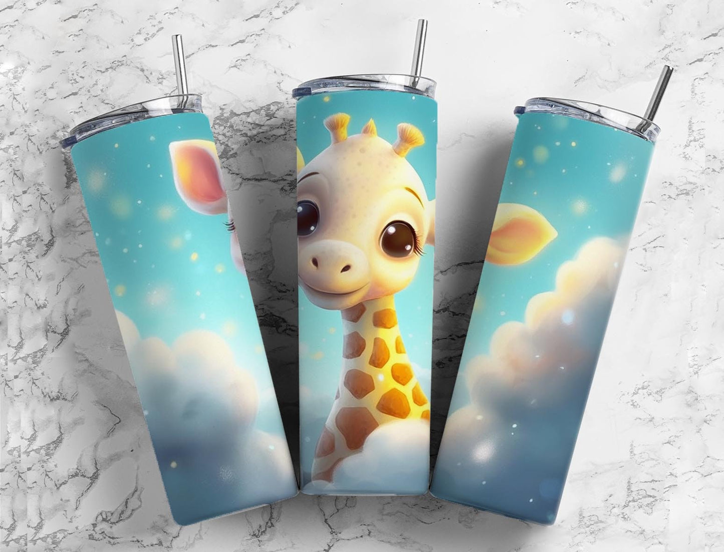 Baby giraffe 20oz Sublimation Tumbler Designs, Clouds sky 9.2 x 8.3” Straight Skinny Tumbler Wrap PNG