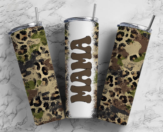 Camo Leopard Print 20oz Sublimation Tumbler Designs, Retro Mama 9.2 x 8.3” Straight Skinny Tumbler Wrap PNG, Mom Tumbler