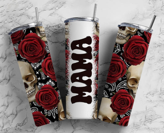 Rose Skull 20oz Sublimation Tumbler Designs, Retro Mama 9.2 x 8.3” Straight Skinny Tumbler Wrap PNG, Mom Tumbler