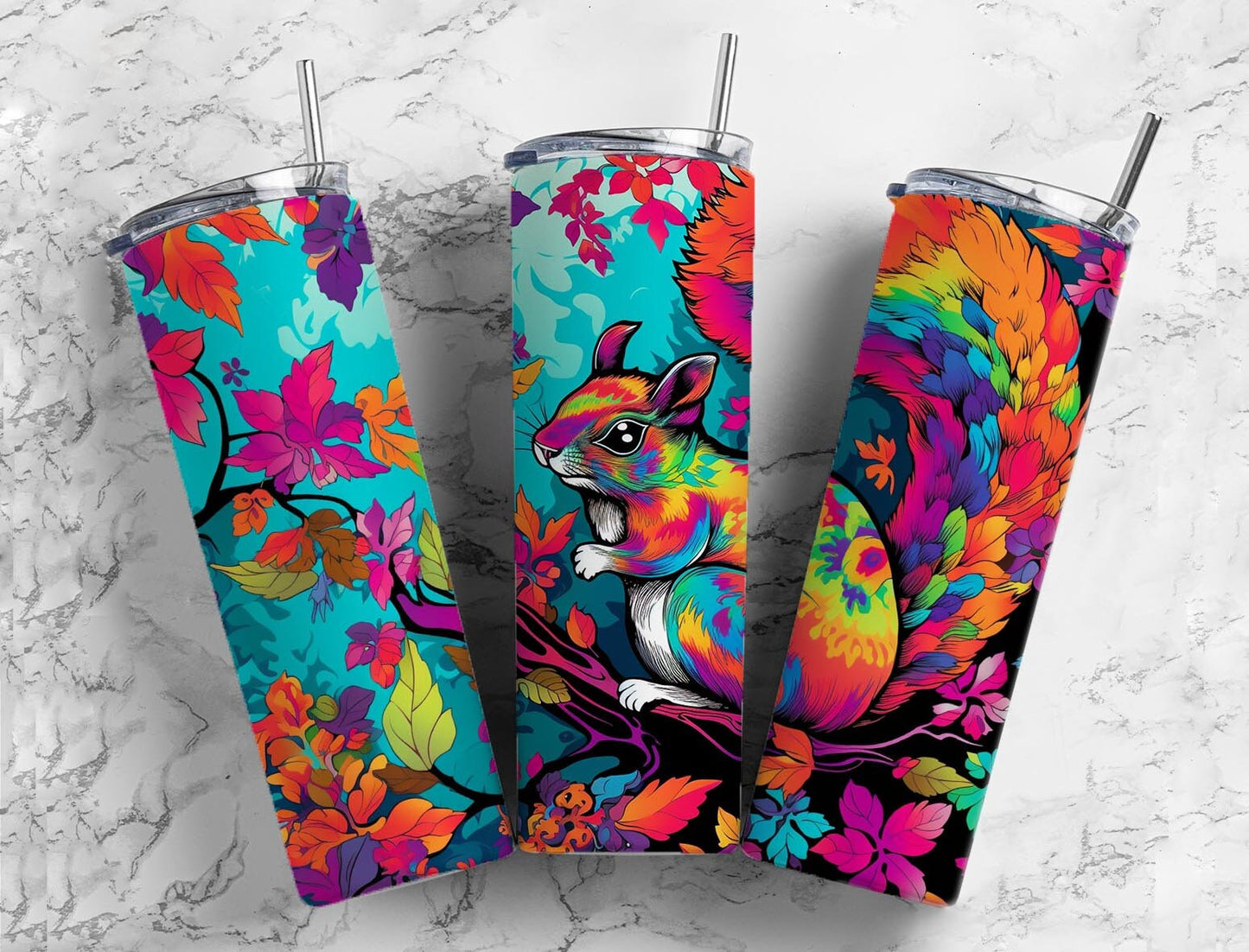 Rainbow squirrel 20oz Sublimation Tumbler Designs, autumn leaves 9.2 x 8.3” Straight Skinny Tumbler Wrap PNG