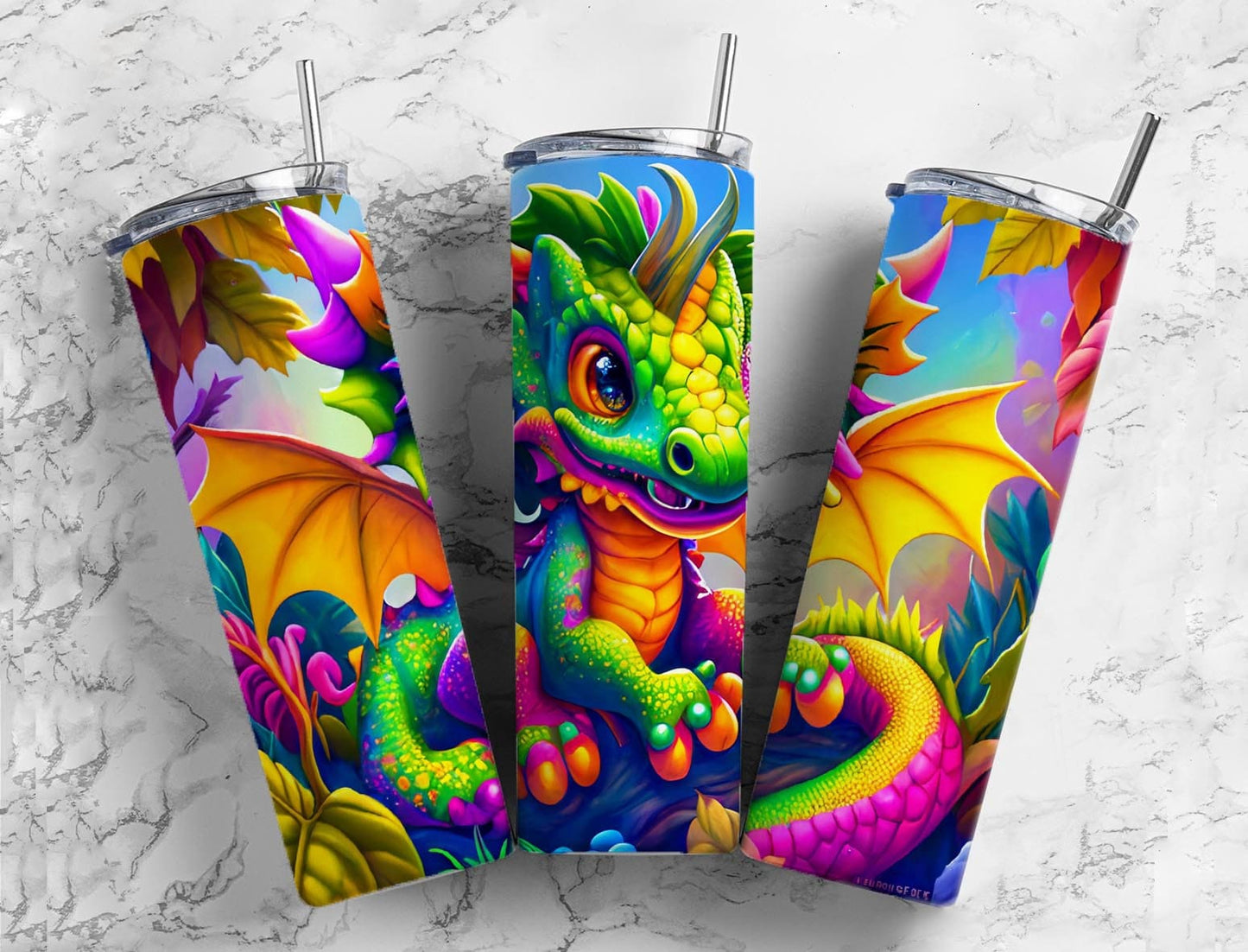 Cartoon dragon 20oz Sublimation Tumbler Designs, Rainbow colorful 9.2 x 8.3” Straight Skinny Tumbler Wrap PNG