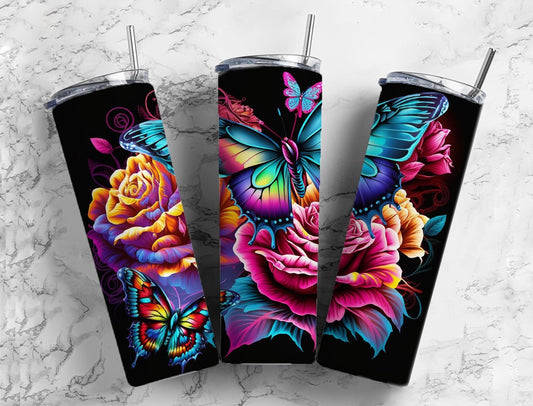 Butterfly floral 20oz Sublimation Tumbler Designs, Neon rainbow 9.2 x 8.3” Straight Skinny Tumbler Wrap PNG