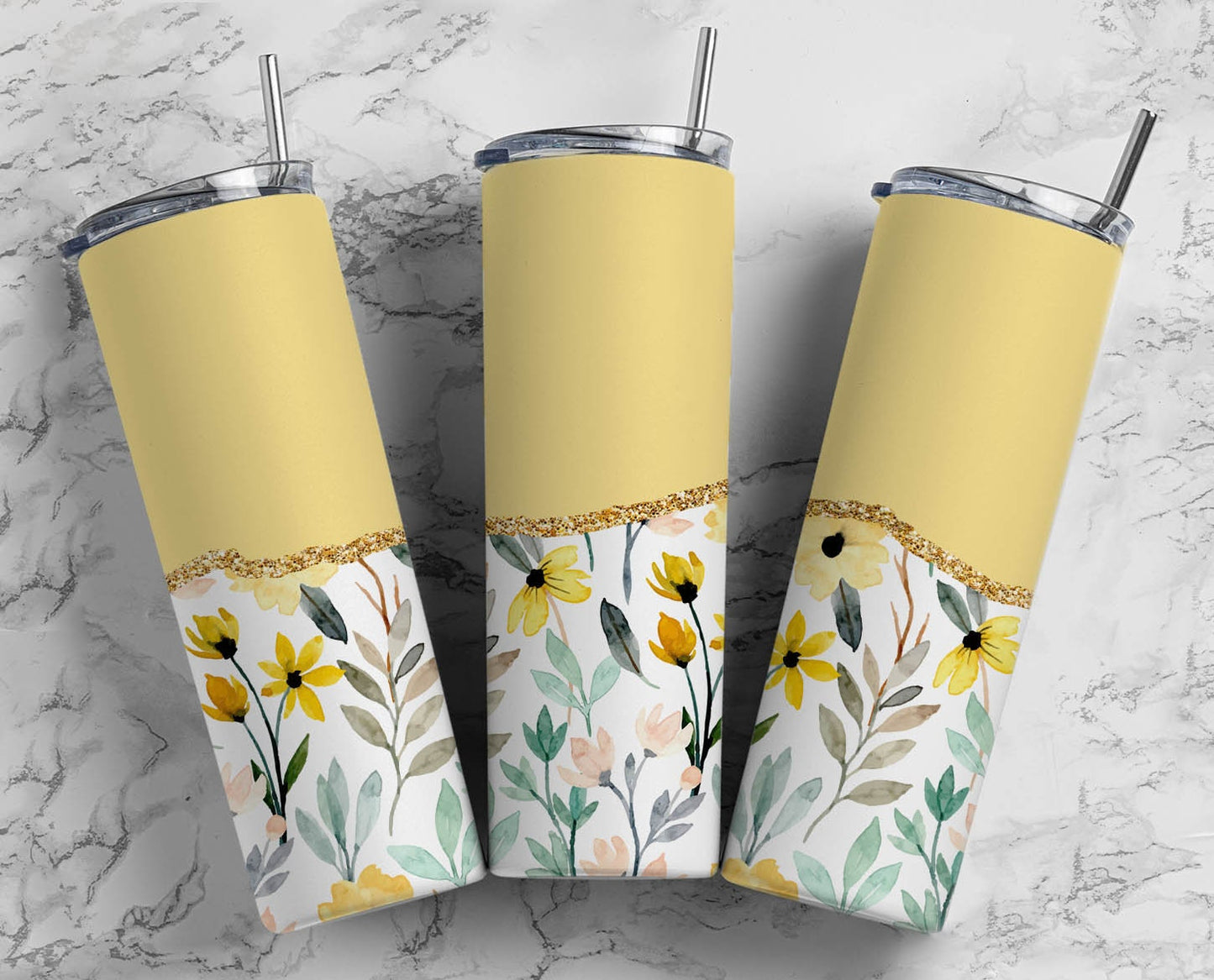 Yellow Flower 20oz Sublimation Tumbler Designs, AestheticFloral 9.2 x 8.3” Straight Skinny Tumbler Wrap PNG, Gold Agate 141