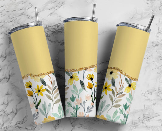 Yellow Flower 20oz Sublimation Tumbler Designs, AestheticFloral 9.2 x 8.3” Straight Skinny Tumbler Wrap PNG, Gold Agate 141