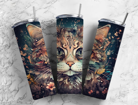 Cat face 20oz Sublimation Tumbler Designs, Dark floral 9.2 x 8.3” Straight Skinny Tumbler Wrap PNG