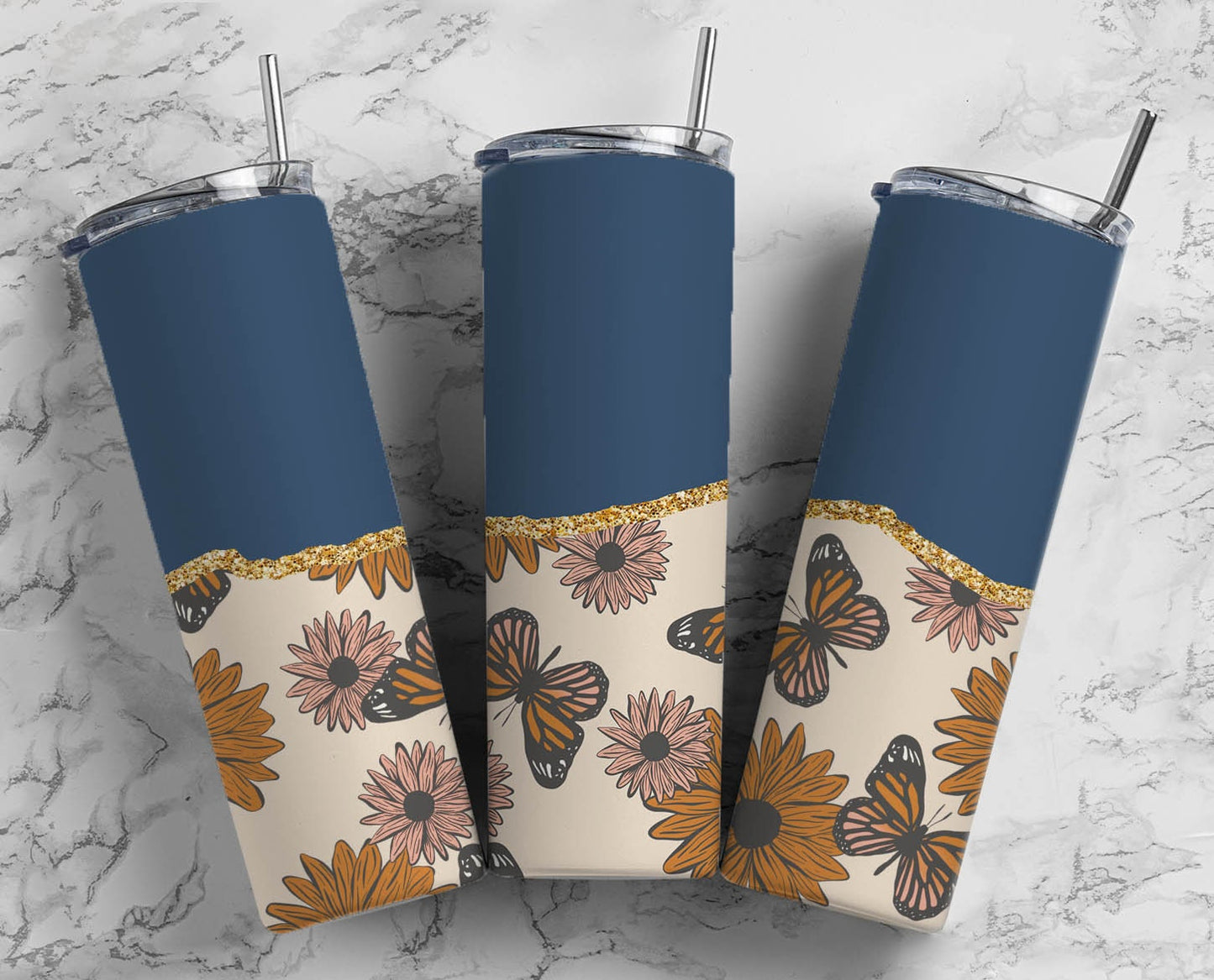 Sunflower Butterfly Flower 20oz Sublimation Tumbler Designs, AestheticFloral 9.2 x 8.3” Straight Skinny Tumbler Wrap PNG, Gold Agate 42