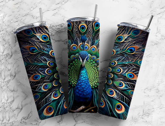 Colored peacock 20oz Sublimation Tumbler Designs, Blue and green 9.2 x 8.3” Straight Skinny Tumbler Wrap PNG