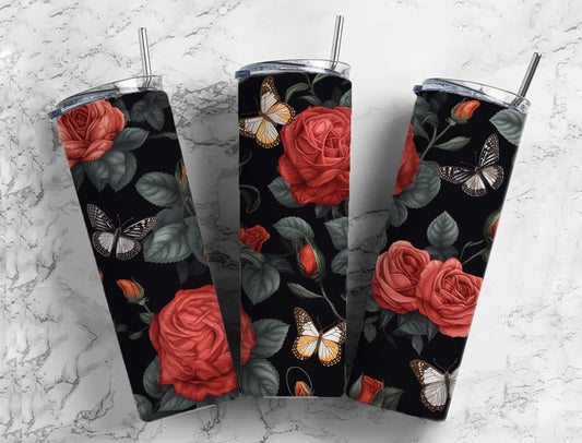 Butterfly roses 20oz Sublimation Tumbler Designs, Red floral 9.2 x 8.3” Straight Skinny Tumbler Wrap PNG