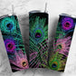 Glitter Peacock Feather 20oz Sublimation Tumbler Designs, Black Neon 9.2 x 8.3” Straight Skinny Tumbler Wrap PNG