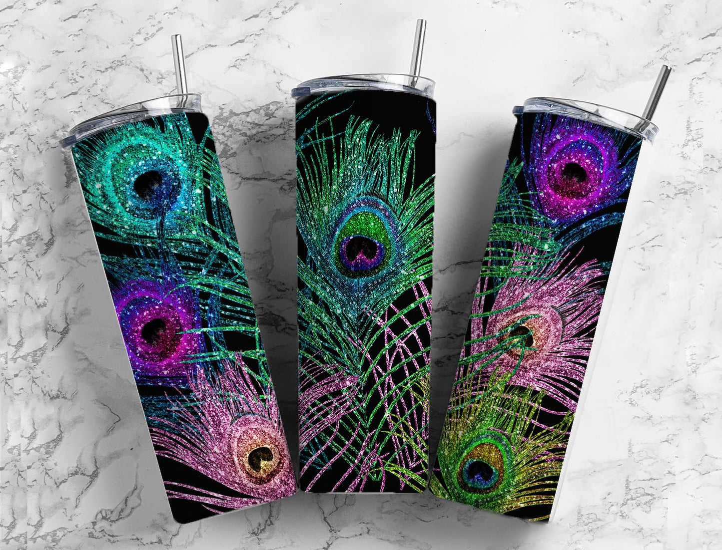 Glitter Peacock Feather 20oz Sublimation Tumbler Designs, Black Neon 9.2 x 8.3” Straight Skinny Tumbler Wrap PNG