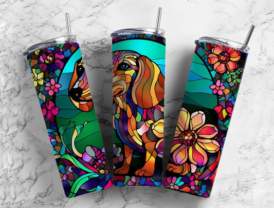 Stained glass 20oz Sublimation Tumbler Designs, Dachshund dog floral 9.2 x 8.3” Straight Skinny Tumbler Wrap PNG