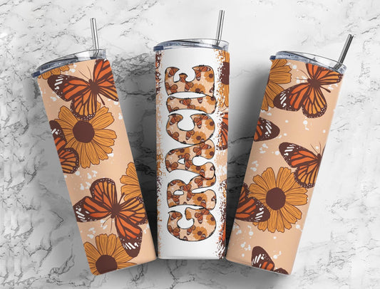 Butterfly Retro 20oz Tumbler Wrap with Matching Retro Doodle Letter, Aesthetic Alphabet PNG, Add your Own name Tumbler