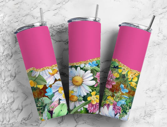 Boho Floral 20oz Sublimation Tumbler Designs, Agate Glitter Pink 9.2 x 8.3” Straight Skinny Tumbler Wrap PNG