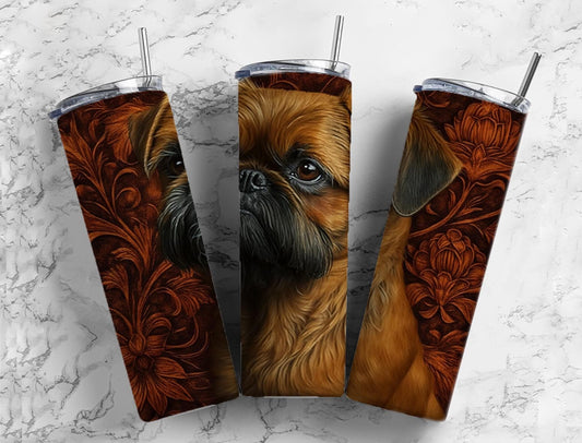 tooled leather brussels griffon dog 20oz Sublimation Tumbler Designs, Engraved leather 9.2 x 8.3” Straight Skinny Tumbler Wrap PNG