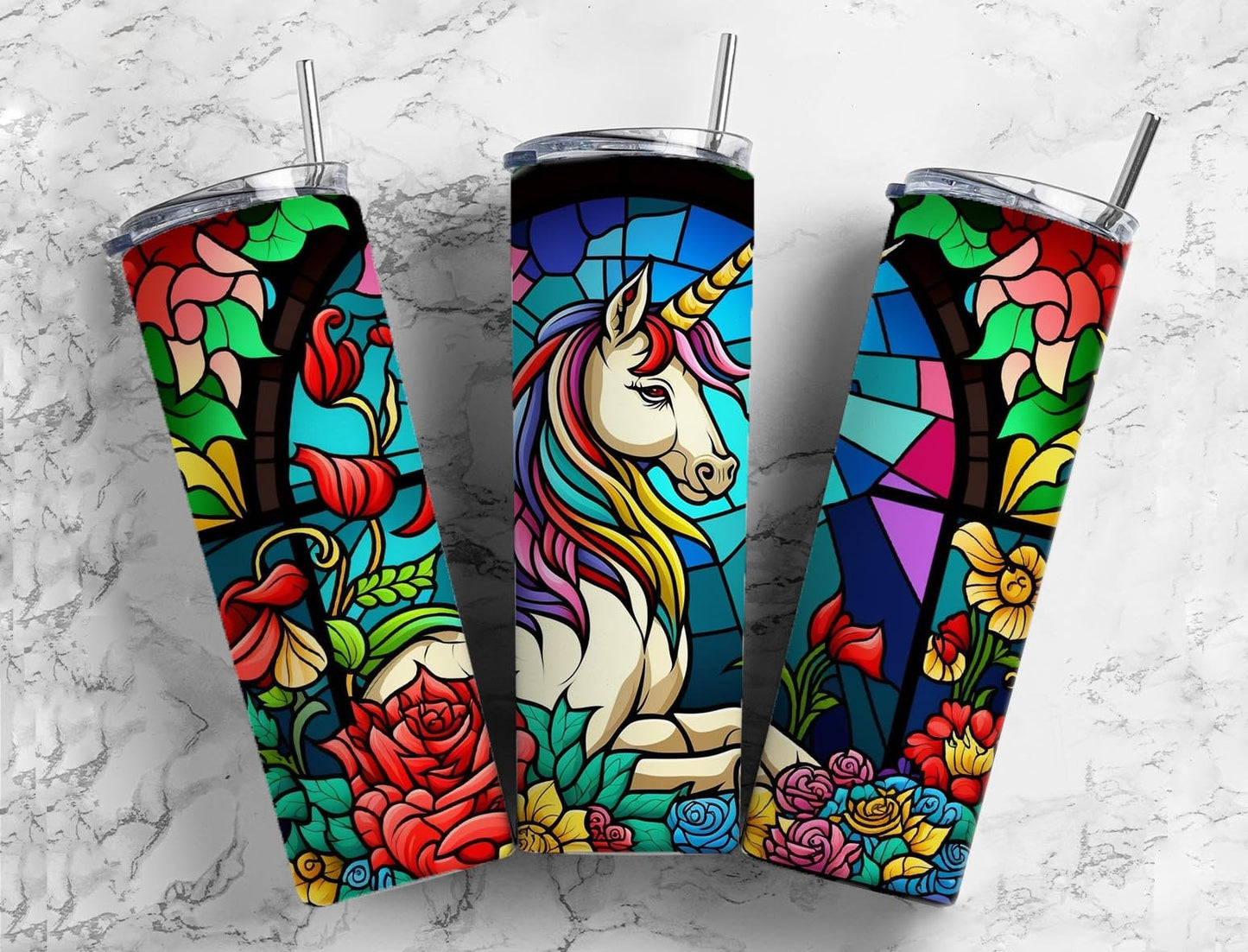 Stained Glass Unicorn 20oz Sublimation Tumbler Designs, Classic Pegasus 9.2 x 8.3” Straight Skinny Tumbler Wrap PNG, Sublimation Design PNG