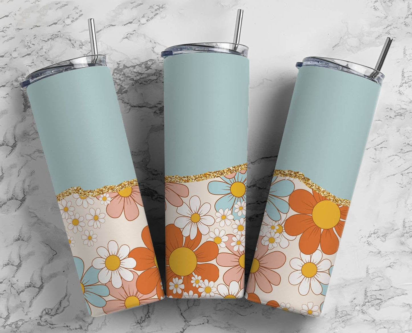 Retro Flower 20oz Sublimation Tumbler Designs, AestheticFloral 9.2 x 8.3” Straight Skinny Tumbler Wrap PNG, Gold Agate 164