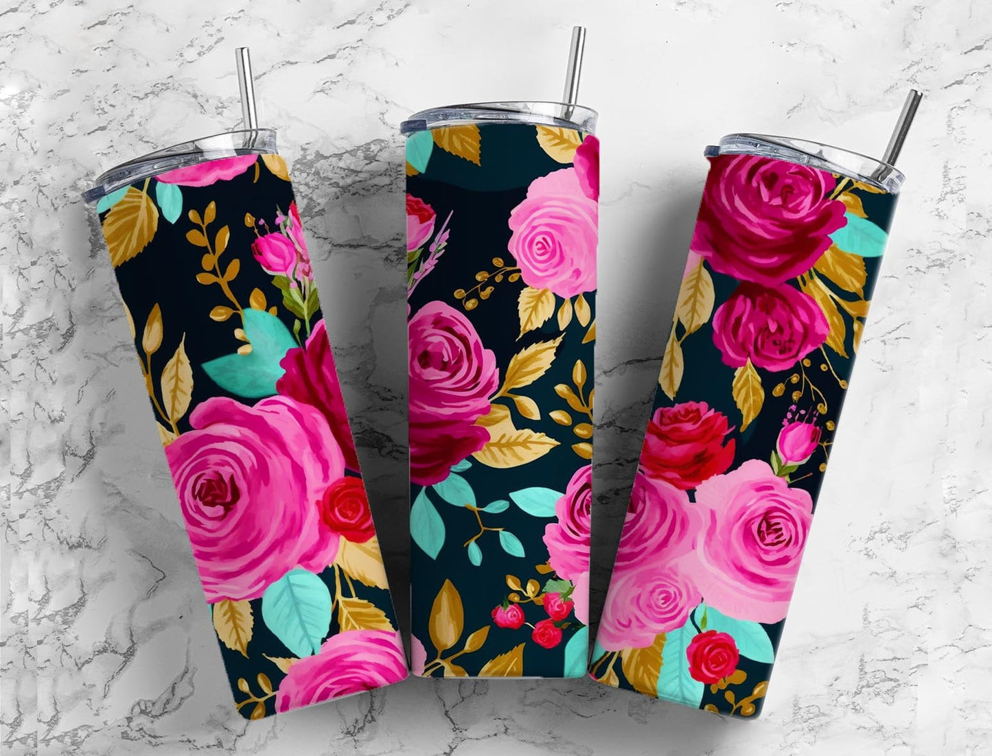 Pink roses 20oz Sublimation Tumbler Designs, Gold leaf floral 9.2 x 8.3” Straight Skinny Tumbler Wrap PNG