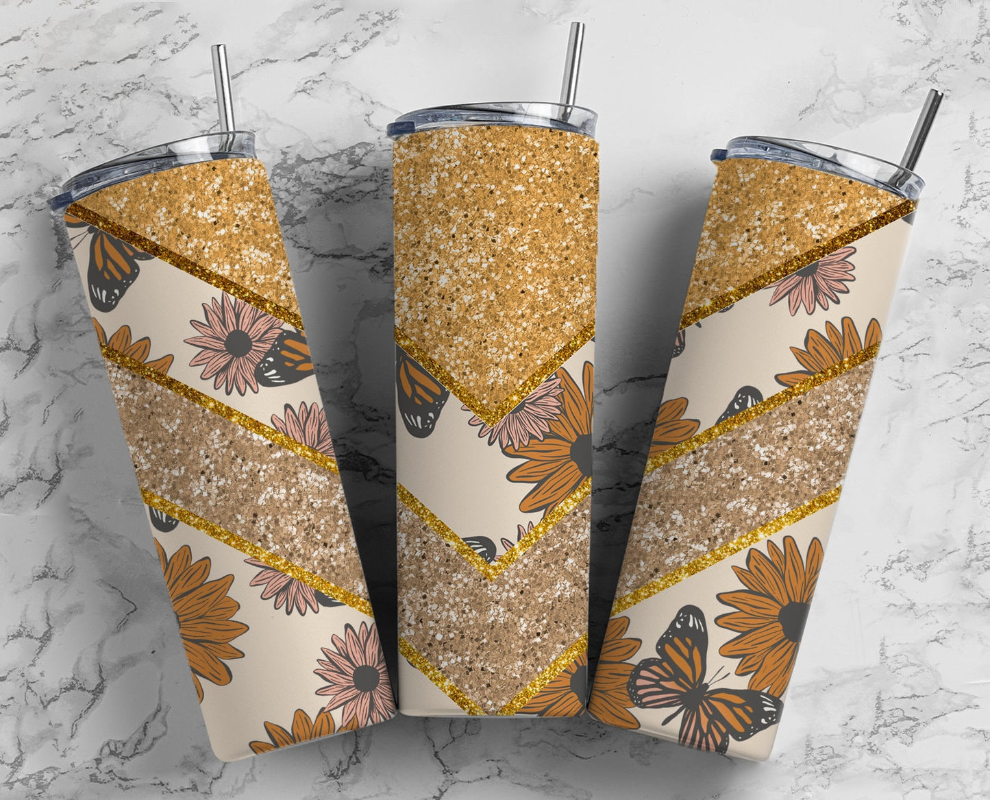 Aesthetic Sunflower 20oz Sublimation Tumbler Designs, Aesthetic Butterfly 9.2 x 8.3” Straight Skinny Tumbler Wrap PNG 49